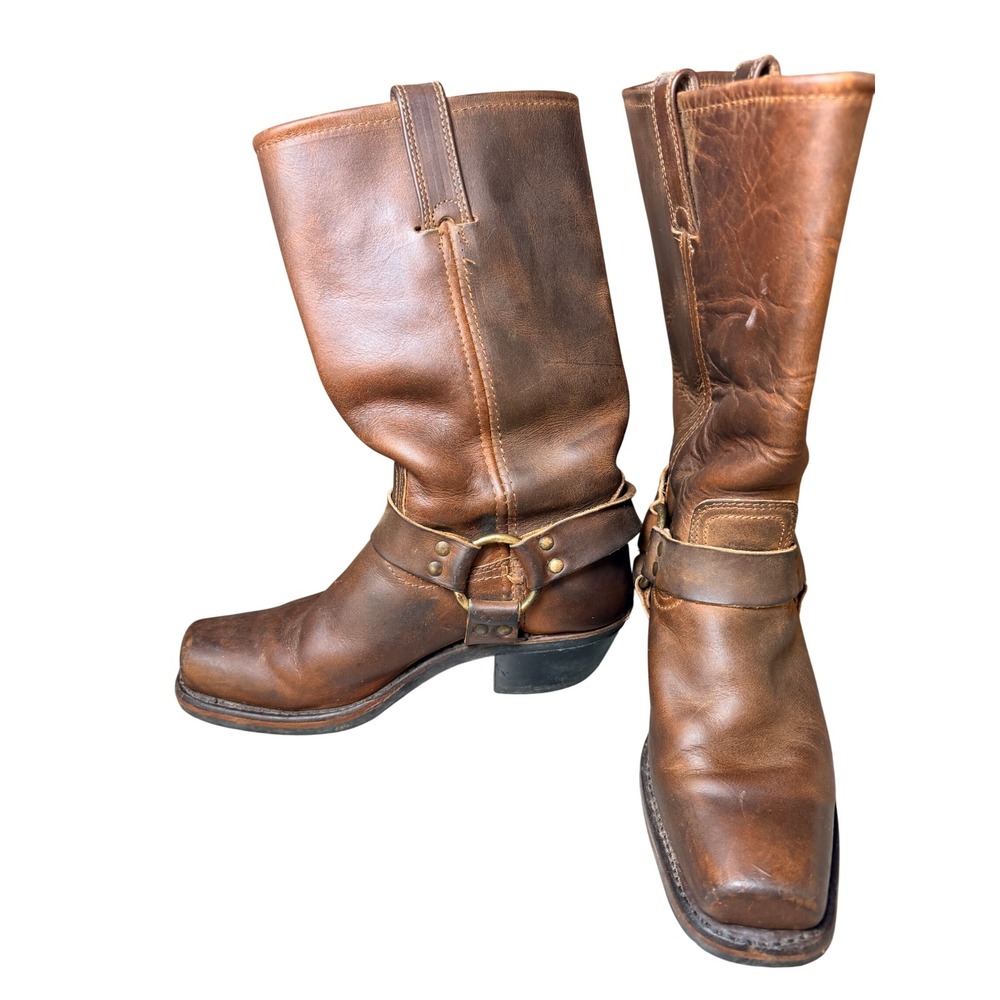 Frye Vintage USA Womens Harness Boots 7.5 Brown Leather Square Toe Biker Moto